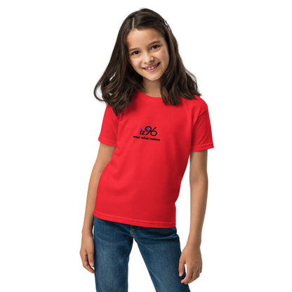 Girl wearing tshirt with logo brand on a white background