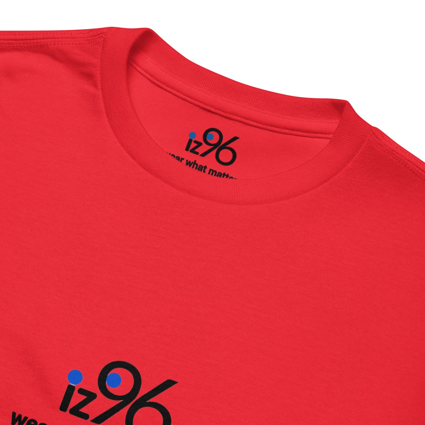 Red t-shirt with 'iz96' logo on a white background
