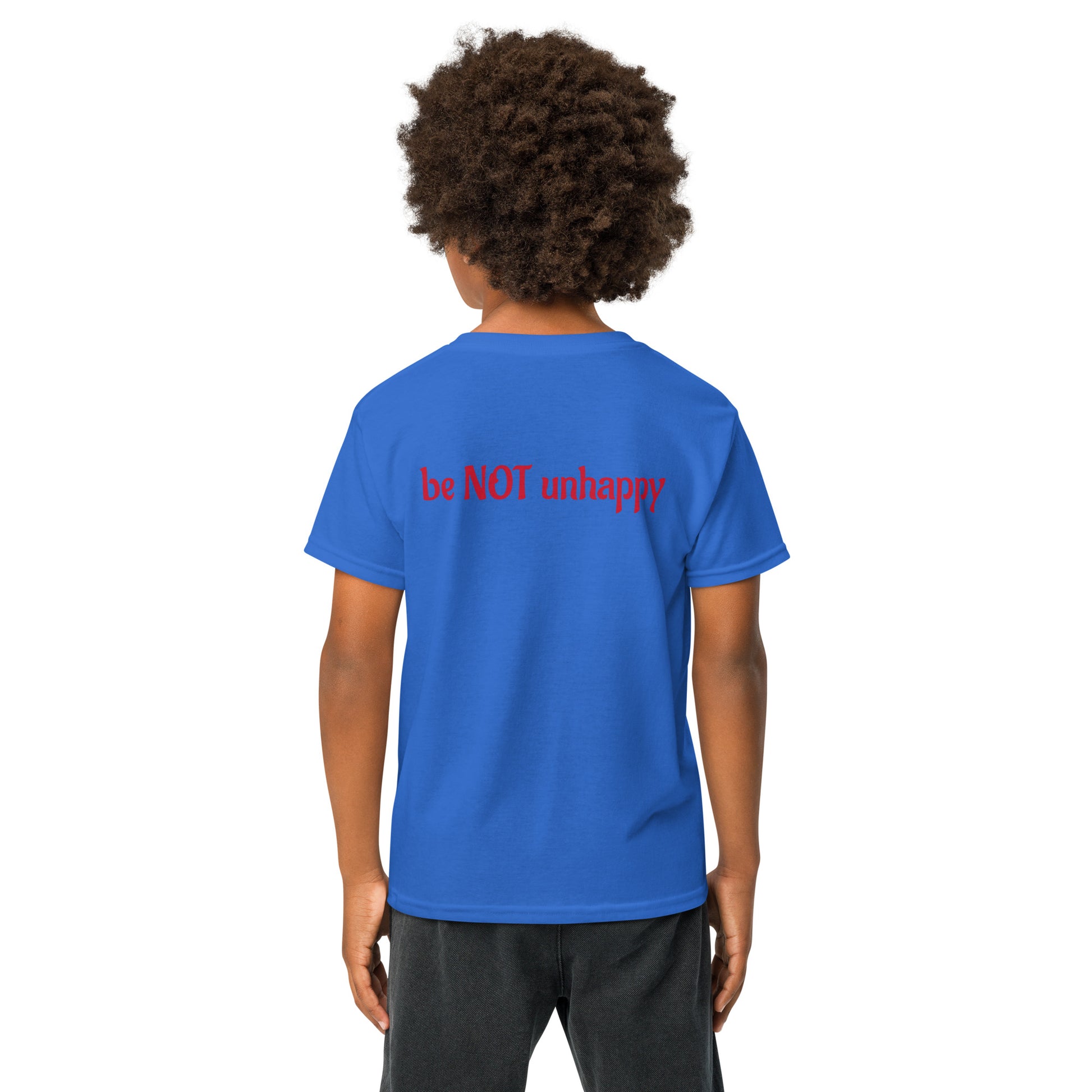 Boy wearing tshirt with text on a white background