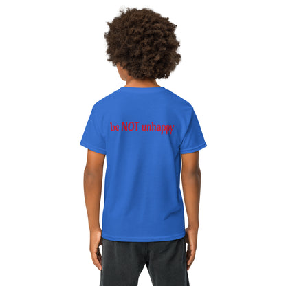 Boy wearing tshirt with text on a white background