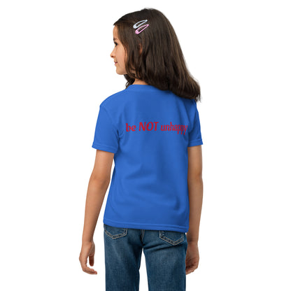 Girl wearing tshirt with text on a white background