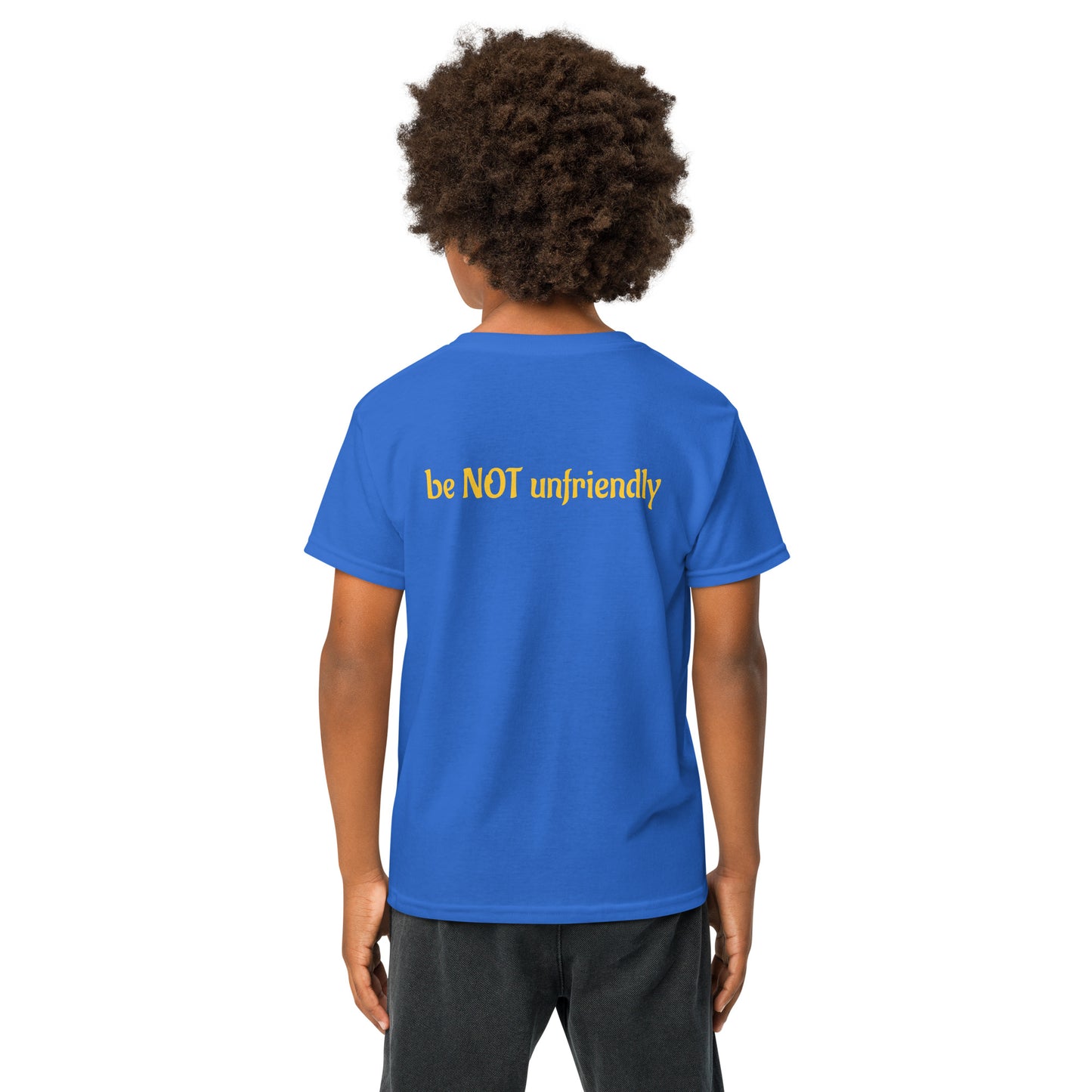 Person wearing a blue t-shirt with 'be not unfriendly' text on the back, standing against a white background.