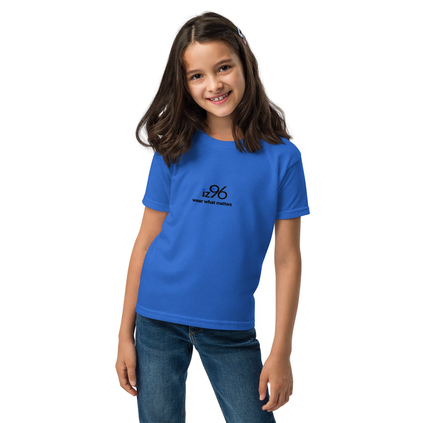 Girl wearing tshirt with logo on a white background